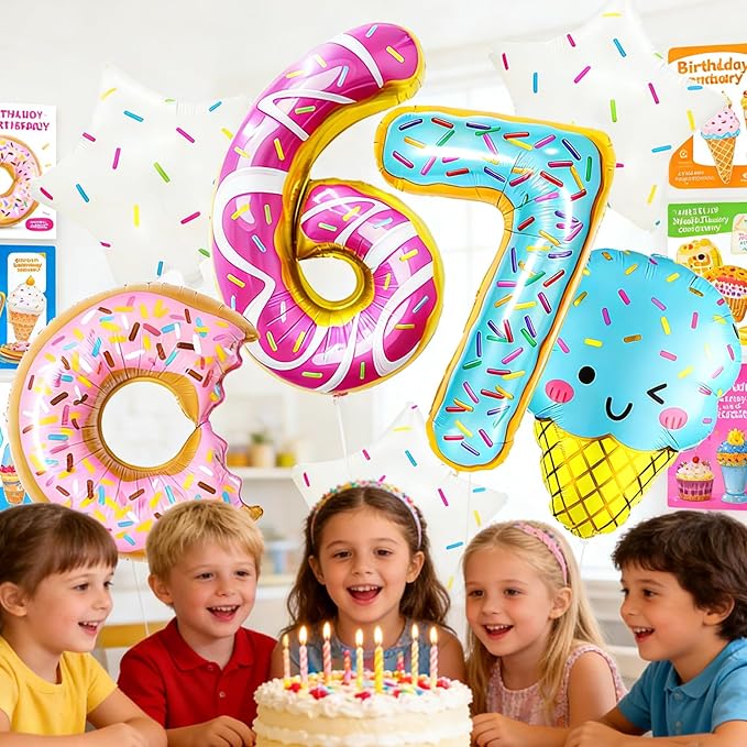 6 7 Birthday Decorations Foil Balloon Set, 6 7 Balloons, 7 Pcs Six Seven Donut & Ice Cream Balloons, Six Seven Birthday Party Décor, 6 7 Meme Theme Party Supplies