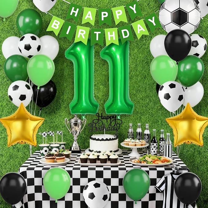 Soccer Birthday Party Decorations for Boys, 11th Soccer Birthday Decoration with Green Black White Balloons 'HAPPY BIRTHDAY' Banner Cake Toppers 32in Foil 11 Balloon for Boys Men Sports Party Decor