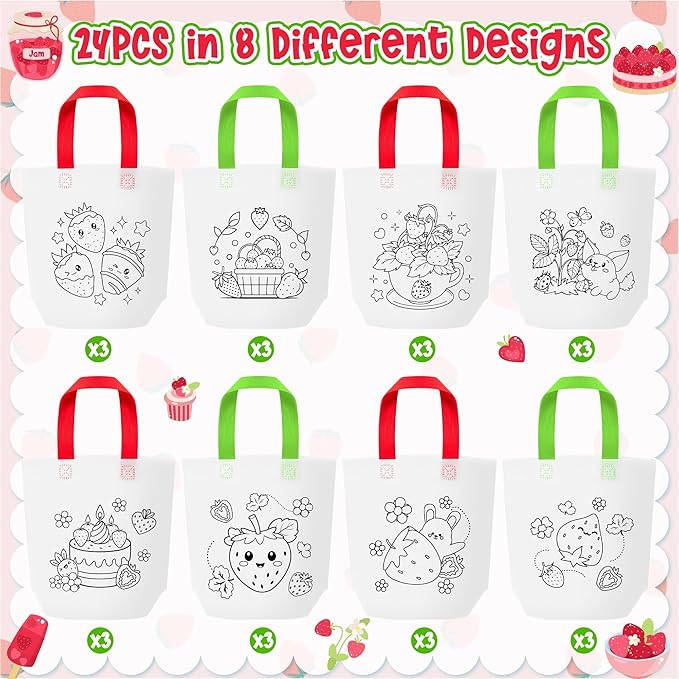 Strawberry Coloring Goodie Bags for Kids - 24Pcs Valentine's Day Strawberry Bulk Color Your Own Gift Bags with Handle FruitsTheme Reusable Coloring Bag Non Woven Tote Bag for DIY Crafts Party Favors