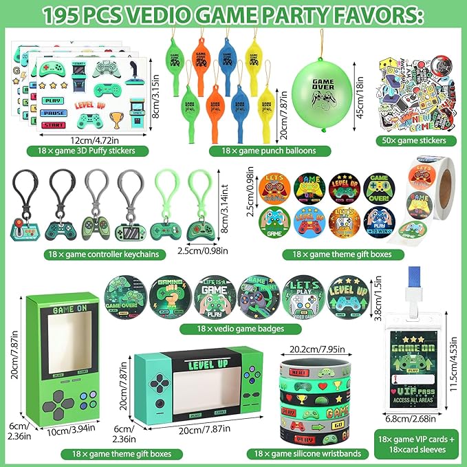 195 Pcs Video Game Party Favors for Kids Gamer Goodie Bag Stuffers Gaming Birthday Party Supplies with Gift Boxes, VIP Pass, Balloons, Bracelets, Keychains, Badges, 3D Stickers (Green)