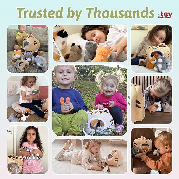 OUOZZZ Cat Stuffed Animal House – Plush Kitten Toy Set with 5 Soft Cats – Interactive & Travel-Friendly Kitties Carrier Playset for Toddlers & Kids – Huggable, Portable Birthday Gift for Baby Girls