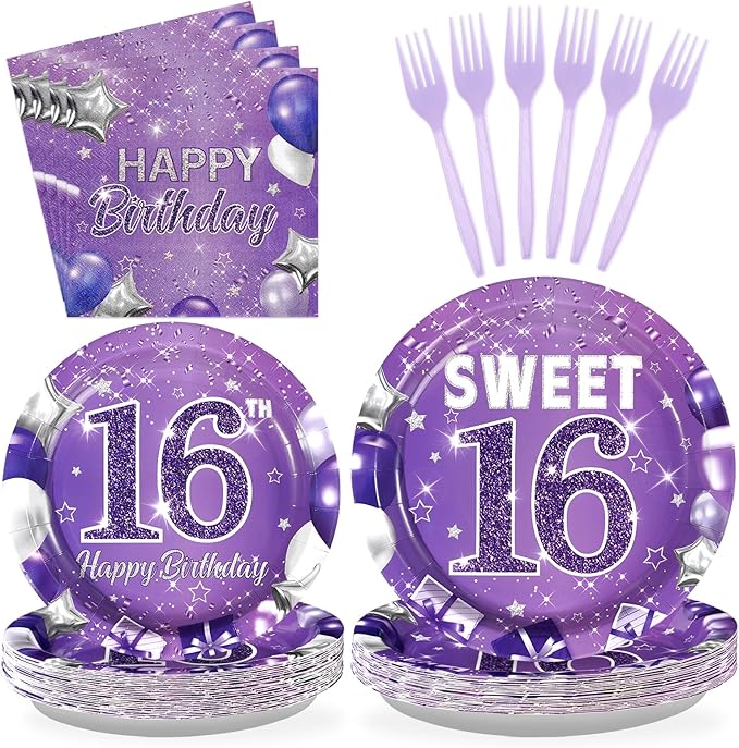 Grencian 96Pcs 16th Birthday Party Supplies Purple Sweet 16 Birthday Plates and Napkins Tableware Sets Sixteenth Birthday Party Decorations for Girls Happy 16th Birthday Party Favors Serves24