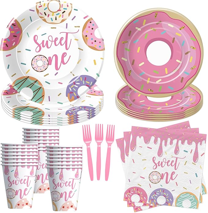 Xigejob Donut Sweet One Birthday Plates And Napkins Party Decorations Tableware Girls - Pink Donut 1st Birthday Party Supplies, Paper Plate, Cup, Napkin, Disposable Fork | Serves 24