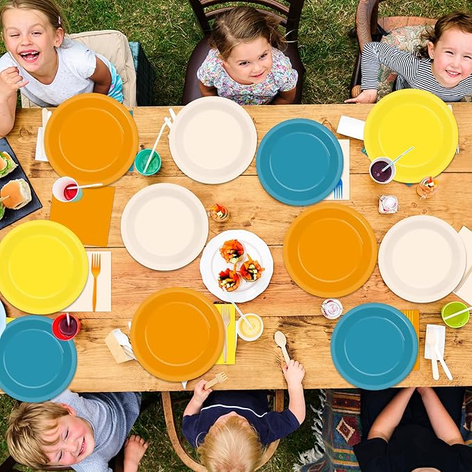 96PCS orange and yellow Party Paper Plates and Napkins for Boho Sun Party Supplies Retro Blue Orange Mustard Yellow Disposable Tableware Set for 24 Guests Baby Shower Birthday Parties Decorations