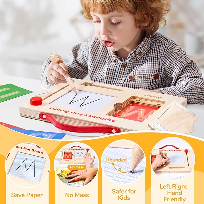 Joycat Magnetic Letter Tracing Board with Cards, Wooden Alphabet & Number Writing Tablet, Mess-Free Pre-Writing for Toddlers 3-5, Travel Activities for Preschool Learning
