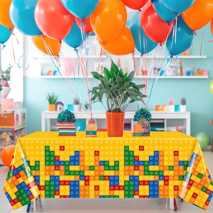 Oudain 2 Pcs Building Block Tablecloths Colorful Building Blocks Birthday Party Decorations 54 x 108 Inch Disposable Plastic Brick Table Cover Waterproof Brick Themed Party Supplies (Yellow,Blue)