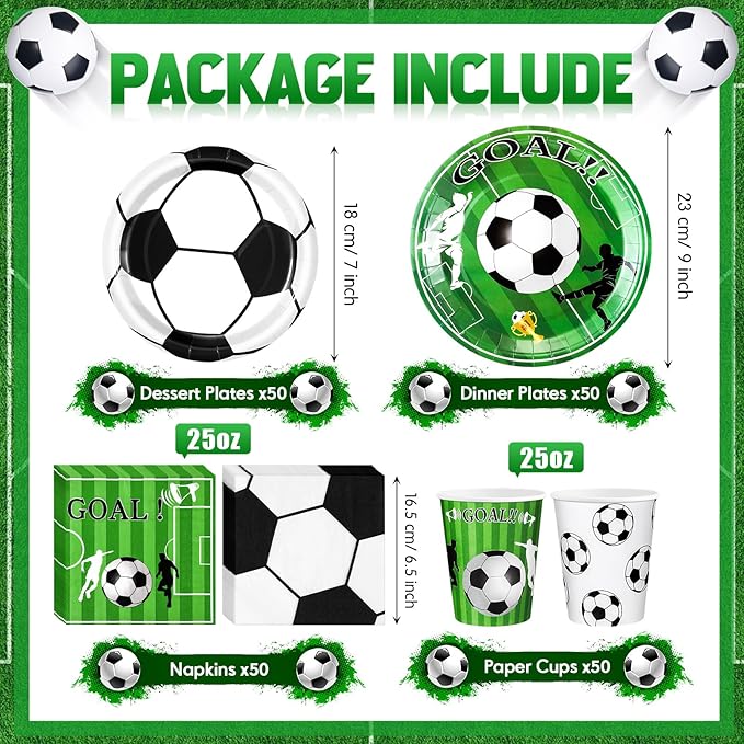 Domensi 200 Pcs Soccer Birthday Party Supplies for 50 Guests Includes 7 Inch 9 Inch Soccer Paper Plate 9 oz Disposable Cups and Napkins for Soccer Party Tableware Set