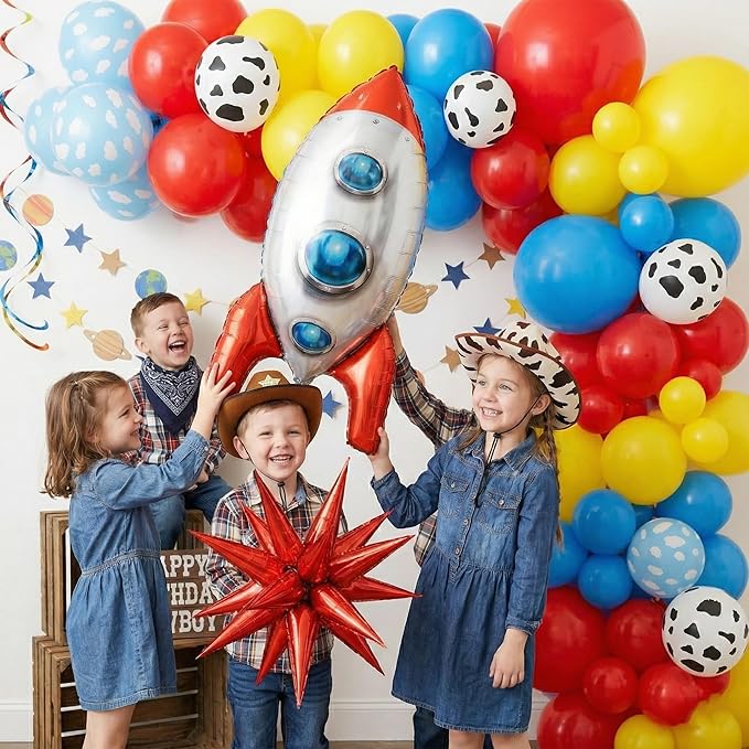 106Pcs Cowboy and Space Theme Birthday Decorations for Boys, Red Blue Yellow Balloon Garland Arch Kit with Cow Cloud Print Rocket Foil Balloons for Kids Cartoon Story Baby Shower Party Supplies