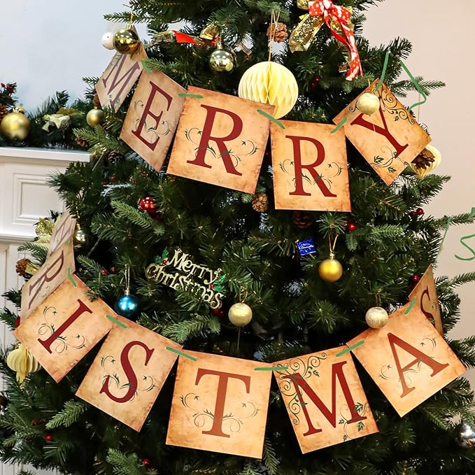 Merry Christmas Banner Vintage Christmas Garlands Decorations for Indoor Home Office Wall Window Door Fireplace Mantle Xmas Tree Decorations