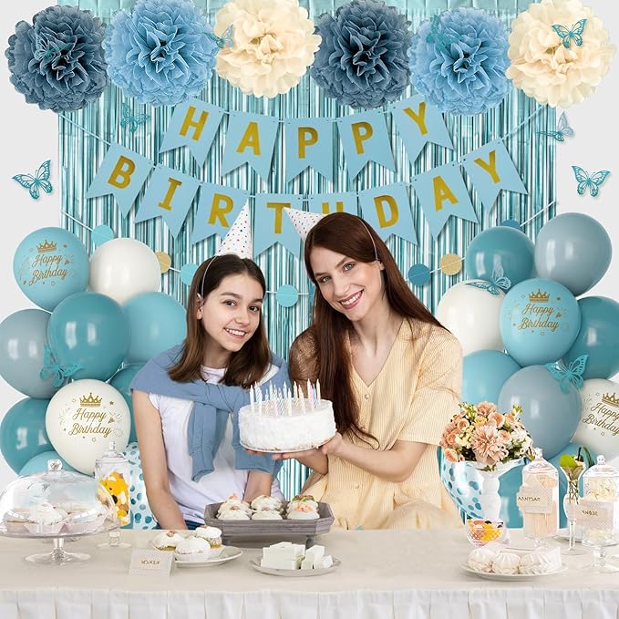 Blue Birthday Decorations, Dusty Blue Sand Confetti Metallic Printed Balloons Butterfly Stickers Fringe Curtain Happy Birthday Banner Circle Dots Paper Pompoms Boys Men Girls Women Party Supplies