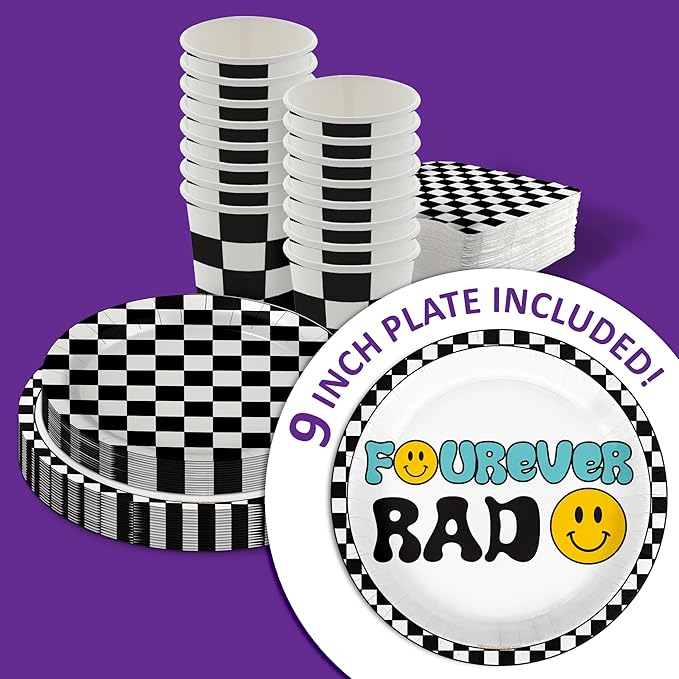 Fourever Rad Smiley Face 4th Birthday Party Supplies - 64 Piece Boys Fourth Birthday Tableware Set Includes Large 9" Dinner Plates and 8" Dessert Paper Plates Napkins Cups - Kit for 16