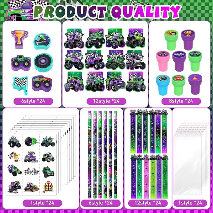 Cholemy 144 Pcs Monster Truck Party Favors Truck Party Supplies School Stationery Set Notebook Sticker Stamper Eraser Ruler Pencil Bag for Birthday Baby Shower Gifts Classroom Prize (Purple,Monster)
