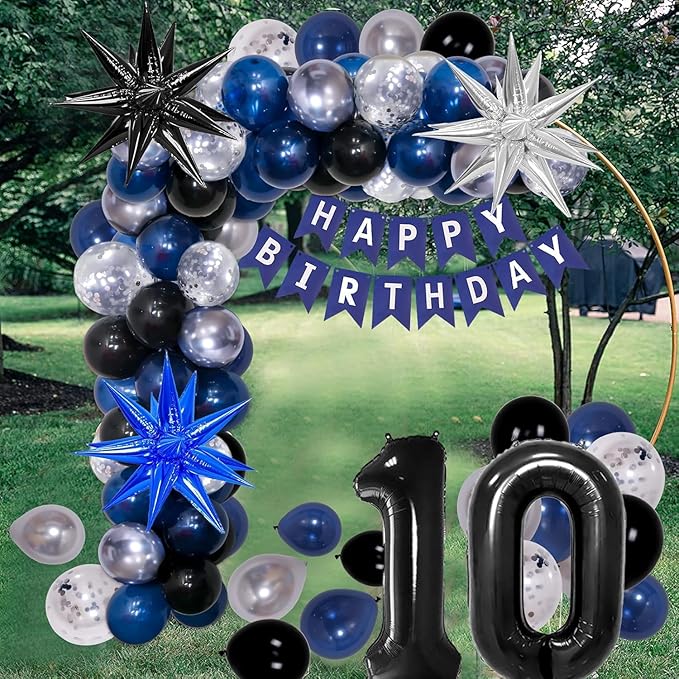 10th Birthday Decorations for Boys and Girls Dark Blue, Double Digits Birthday with HAPPY BIRTHDAY Banner 10 Balloon Number Tablecloth Foil Star Balloons Garland Arch Kit-10 Year Old Party Supplies