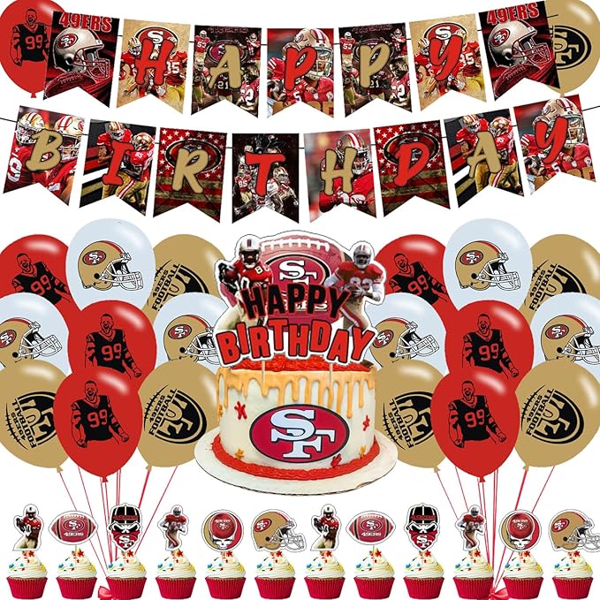49ers Party Decorations,San Francisco Birthday Party Supplies Includes Banner- Cake Topper - 24 Cupcake Toppers - 18 Balloons