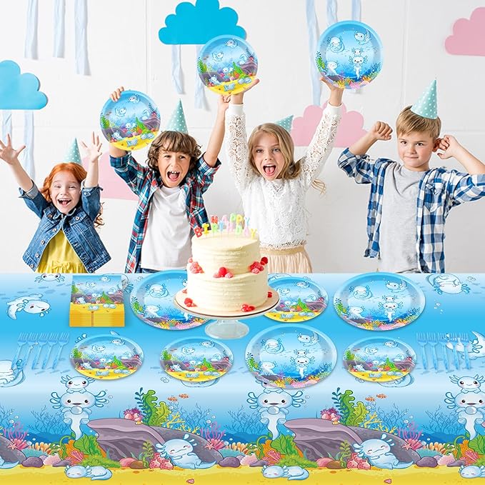 chiazllta 24 Guests Blue Axolotl Party Decoration Axolotl Birthday Party Supplies Favors Reptile Animals Tableware Set Disposable Plates Napkin Tablecloths for Axolotl Boys Decor 98 pcs