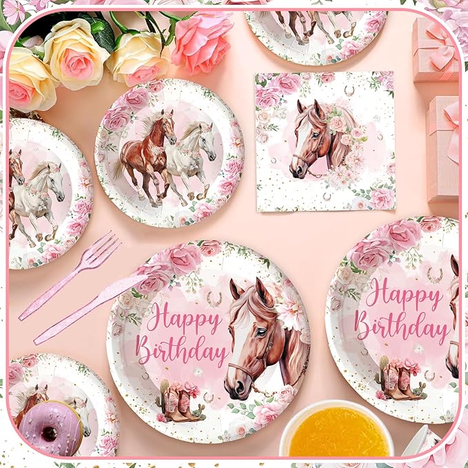 120PCS Cowgirl Horse Birthday Party Supplies Pink Western Horse Party Decorations for Girls Plates Napkins Party Supplies Serves 20 Guests