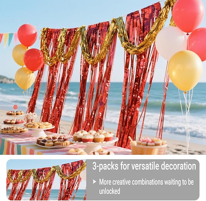 3 Packs Red Gold Foil Fringe Curtains Extra Wide 9.9ft for Birthday Party Tinsel Backdrop Movie Night Decor Farewell Party Streamer,Retirement Decorations, Backdrop for Graduations Each 3.3 x 6.5 ft
