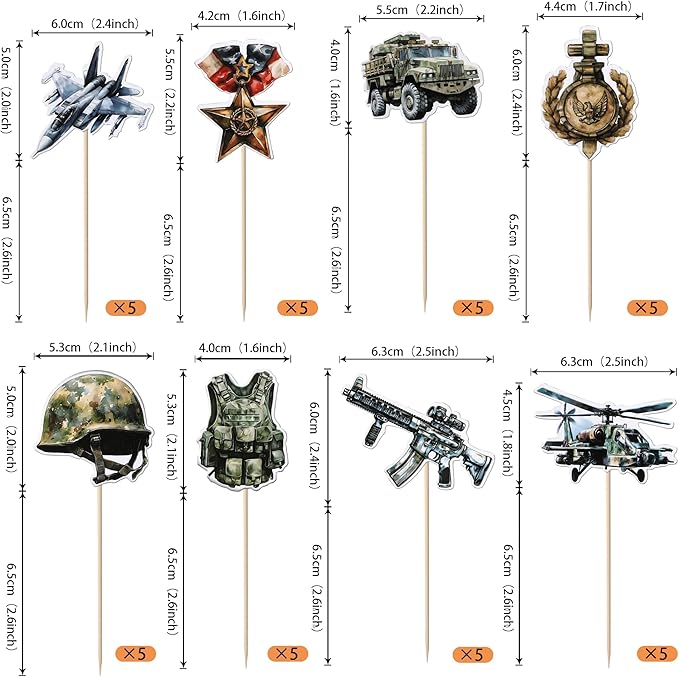40 Pack Military Cupcake Toppers Airplane Car Military Happy Birthday Cupcake Pick Kids birthday Army Baby Shower Military Fan Cupcake Decorations Party Supplies