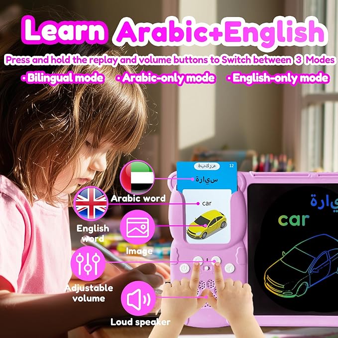 Drawing Tablet with Bilingual Flashcards for Kids - Arabic English Talking Flash Cards, LCD Writing Pad Board, Pocket Speech for Toddlers, Learning Toy Gift for Boys Girls (Arabic, Pink)