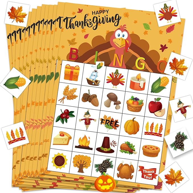 Thanksgiving Games for Kids, Bingo Cards 24 Players Thanksgiving Crafts for Kids Fall Festival Games Friendsgiving Party Favors Supplies Activities Gifts