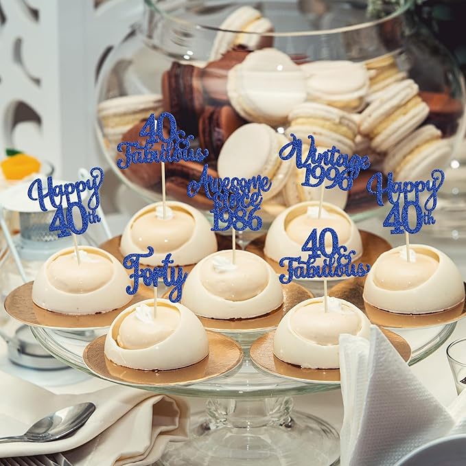Ephlyn 30Pcs Happy 40th Birthday Cupcake Toppers Glitter Forty Vintage 1986 Cupcake Picks Cheers to 40 Fabulous Cake Decorations for 40th Birthday Wedding Anniversary Party Supplies Dark Blue