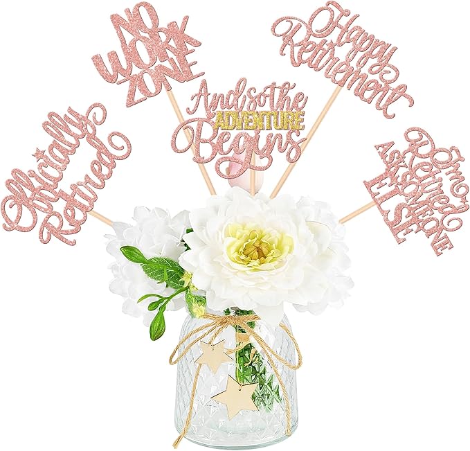 15 PCS Happy Retirement Centerpiece Sticks Officially Retired Table Flower Centerpieces Sticks No Work Zone Floral Decorations for Retirement Farewell Birthday Party Centerpieces Supplies Rose Gold