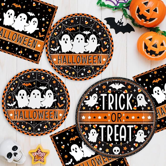 150 Pcs Happy Halloween Plates and Napkins Set - Trick or Treat Ghost Paper Tableware, Disposable Dinner Dessert Paper Plates Napkins Kit for Halloween Table Decorations Party Supplies, Serve 50