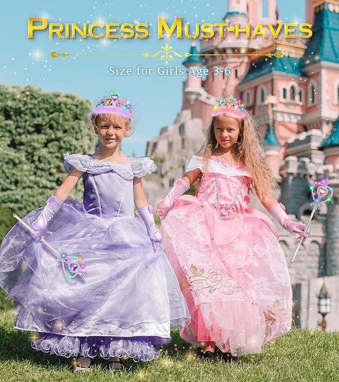 Princess Crown Tiara for Little Girls Princess Dress Up Accessories, Light Up Tiara Wand Toy Gifts for 3-6 Girl