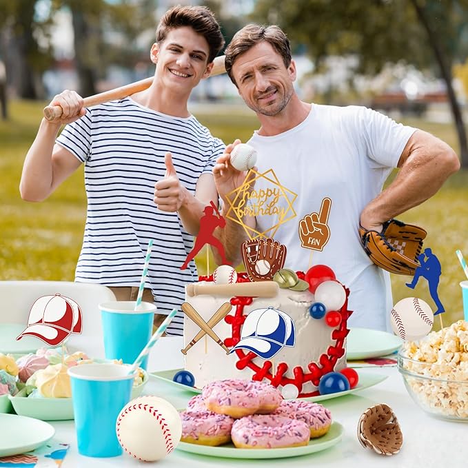 Hooqict 26Pcs Baseball Cake Decorations Set with Mini Balls, Player, Caps, Gloves, Bats, Baseball Birthday Cake Toppers & Cupcake Toppers for Boys Men Sports Themed Birthday Party Decorations Supplies