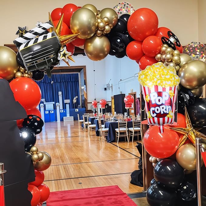 Movie Night Party Balloons, Red Black Gold Confetti Balloons with Film Clapboard and Pop Corn Foil Balloon for Boy Girl Movie Theme Party Decorations Graduation Baby Shower Birthday