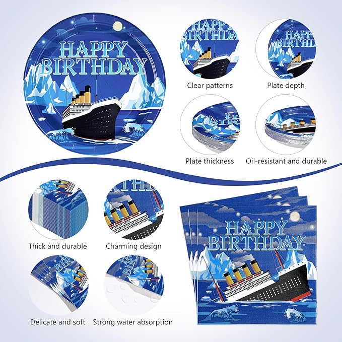 170Pcs Nautical Birthday Party Supplies Cruise Ship Plates and Napkins Cups Forks Tablecloth Ocean Cruise Liner Theme Tableware Sets for Kids Adults Birthday Baby Shower Party Favors Serves 24