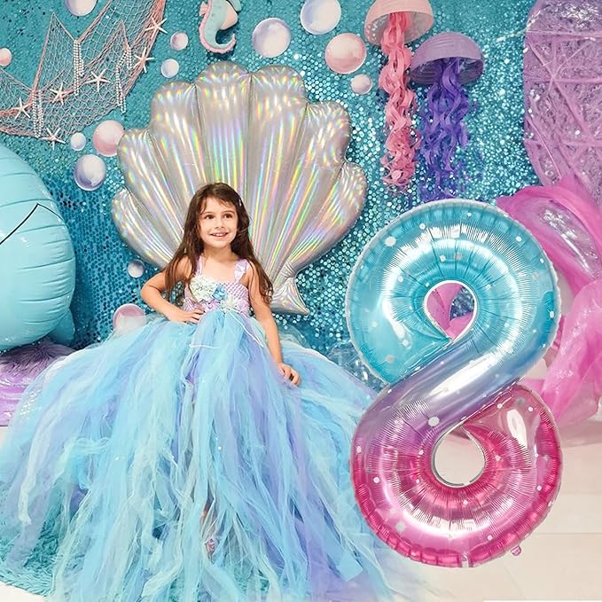 Purple Teal Number 8 Balloons, 40 Inch Giant Mermaid Starry Mylar Foil Number 8 Ballon for Girls, Self Inflating 8th Birthday Helium Balloon for Women 8th Anniversary Party Decorations Supplies