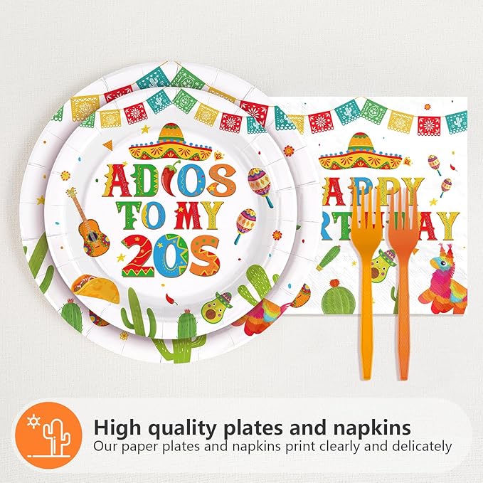 96Pcs Taco 30th Birthday Party Supplies Mexican Fiesta Adios To My 20s Plates and Napkins Disposable Mexican Tableware Sets for Adults Cinco De Mayo 30 Years Old Birthday Decorations,Serves 24