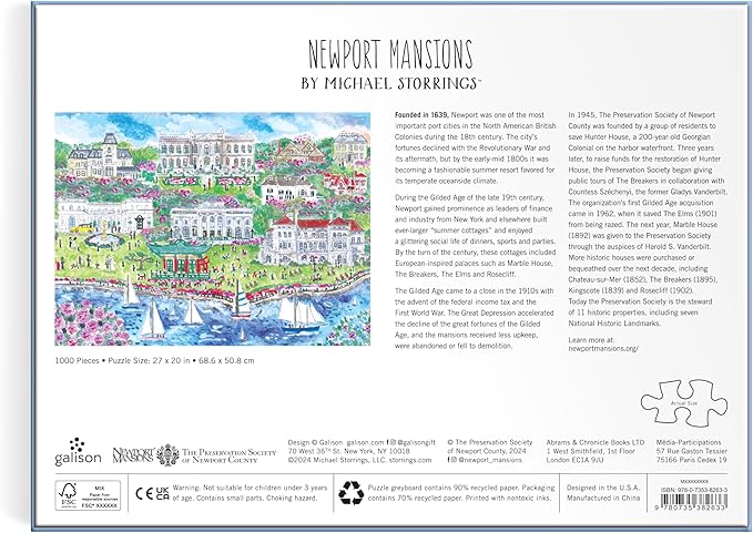 Galison Newport Mansions – 1000 Piece Michael Storrings Jigsaw Puzzle Featuring Beautiful Artwork of Famous Newport Rhode Island Mansions