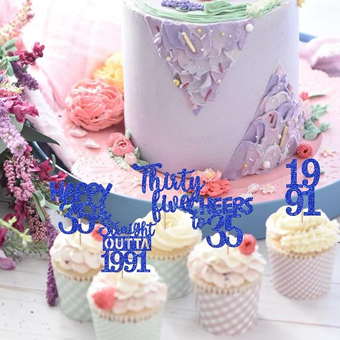 30 PCS 35th Birthday Cupcake Toppers Glitter Ten Happy 35th Straight Outta 1991 Cupcake Picks for Cheers to 35 Fabulous 10th Birthday Anniversary Party Cake Decorations Supplier Blue