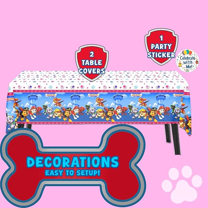 Unique Paw Patrol Girl Party Supplies 2 Plastic Table Covers 54” x 84” with Celebrate With Me Sticker | Kids Birthday Party Decorations