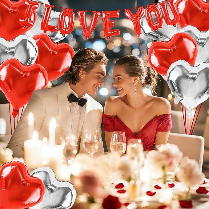 Happy Anniversary Balloon Kit Red and Silver I Love You Balloons Kit 18pcs Red Heart Foil Balloons Valentines Day Balloons Set Happy Anniversary Balloon Decorations for Wedding Bridal Shower