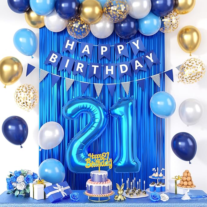 21st Birthday Decorations, Dark Happy Birthday Party Decorations With Number 21 Balloons Metallic Gold Pearl White Light Blue Fringe Curtain Banner Cake Topper For Man Woman Party Supplies