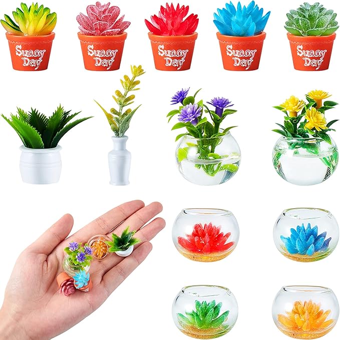 Skylety 14 Pcs Miniature Fake Plants Dollhouse Miniature Flowers for Crafts Mini Faux Plants and Flower Bulk for Doll House Landscaping Bonsai Ornament Crafts(Cute Style)