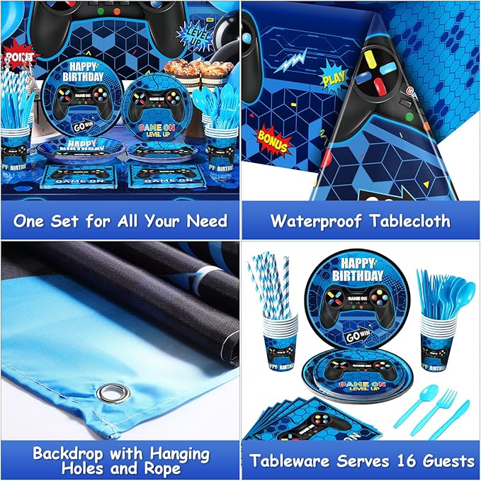 Tatuo 152 Pieces Video Game Birthday Party Supplies Gamer Party Table Cover Happy Birthday Backdrop Banner Tableware Balloons Sets for Boys Men Theme Party Decoration