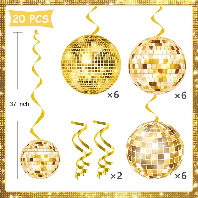 20Pcs Gold Disco Ball Hanging Swirls 70s Disco Birthday Party Decoration Gold Disco Ball Themed Swirl Ceiling Hanging Streamers for 70s 80s New Year Party Decoration Disco Fever Supplies(Paper)