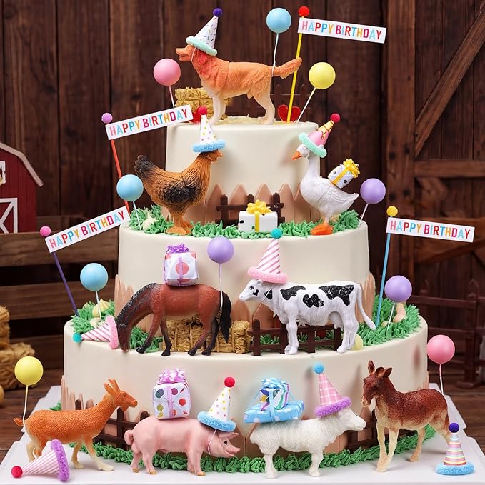 Weysat 37 Pcs Farm Animal Birthday Party Decorations, Farm Cake cupcake Toppers with Mini Hats Miniature Flags Gift Boxes Balls Bows Figure Models for Farmhouse Birthday Party Decor Supplies Adults
