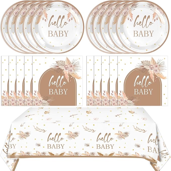 41Pcs Boho Baby Shower Decorations Bohemian Floral Pampas Grass Theme Tableware Neutral Birthday Decorations Boho Flower Paper Plates Napkins Tablecloth丨Boy Girl Birthday Baby Shower Party,Serves 20
