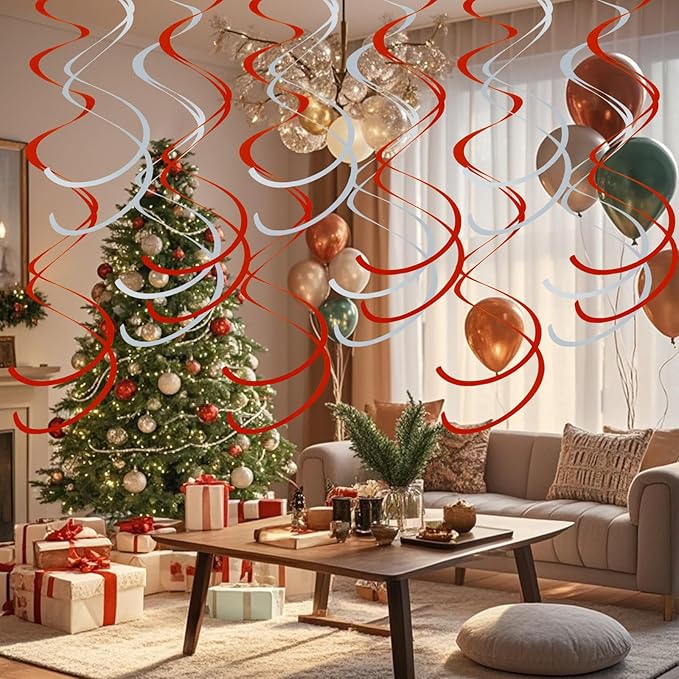 Colorful Ceiling Swirl Foil Decorations Hanging Plastic Streamer Themed Swirl Party for Christmas Graduation Celebration, Pack of 28 (Red and Sliver)