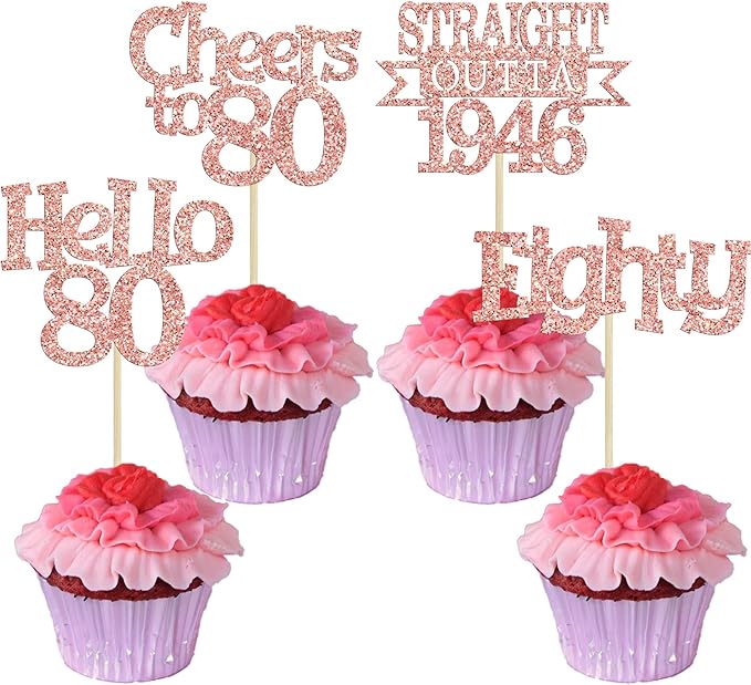 Ephlyn 24Pcs Happy 80th Birthday Cupcake Toppers Glitter Straight Outta 1946 Cupcake Picks Hello 80 Cheers to 80 Years Birthday Cake Decorations for 80th Birthday Anniversary Party Supplies Rose Gold
