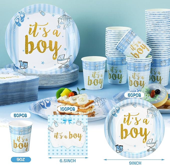 200 Pcs Blue Baby Shower Paper Plates Napkins Cups Boy Baby Shower Party Supplies Tableware Set Blue Disposable Cup Napkin for 50 Guest Boys Spring Party Decoration