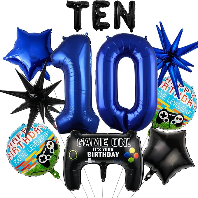 11pcs Video Game Themed Party Decorations, Number 10th Boys Birthday Party Supplies, Navy Blue Video Game Controller Mylar Foil Balloon, Video Game Party Decoration Supplies