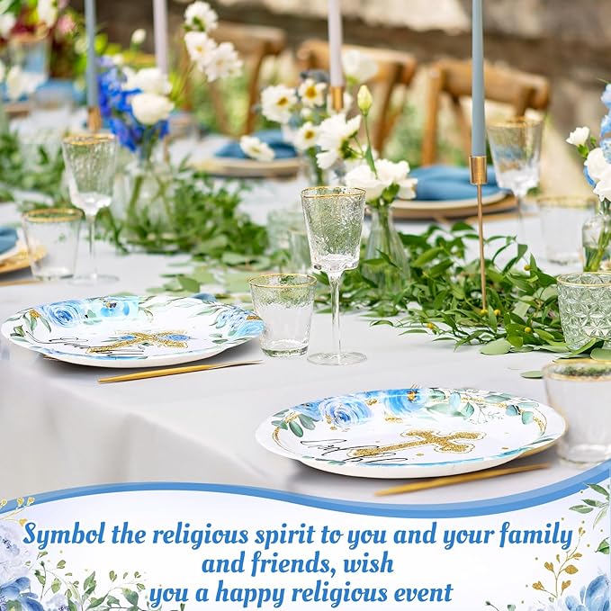 60 Pcs Baptism Cross Paper Plates 9 Inch God Bless Flower Disposable Plates First Holy Communion Floral Party Plate Tableware for Christening Celebration Baby Shower Religious Party Supplies