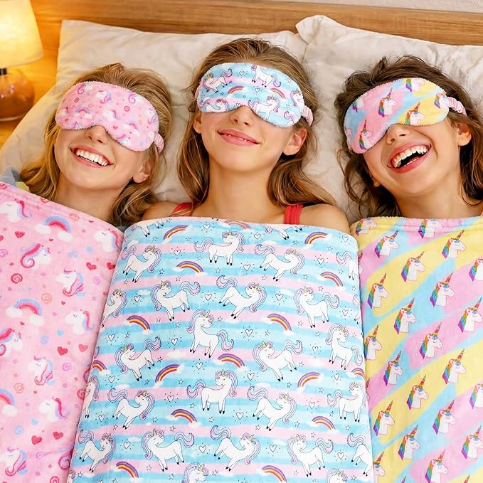 18 Pcs Sleepover Party Supplies for Girls, 6 Style Multicolor Blanket 6 Coral Fleece Spa Headband 6 Eye Mask Cover for Slumber Sleepover Spa Party (Unicorn)
