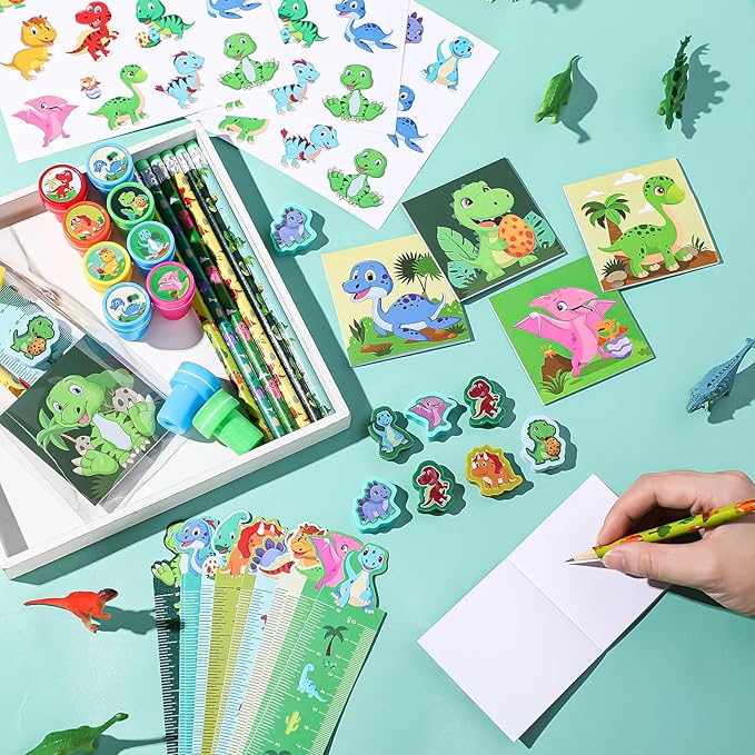 PerKoop 168 Pcs Dinosaur Party Favors Dinosaur Birthday Party Supplies Goodie Bags for Boys Girls Birthday with Notebook Pencil Sticker Stamp Stationery Gift Bag Fillers Piñata Stuffers Prize